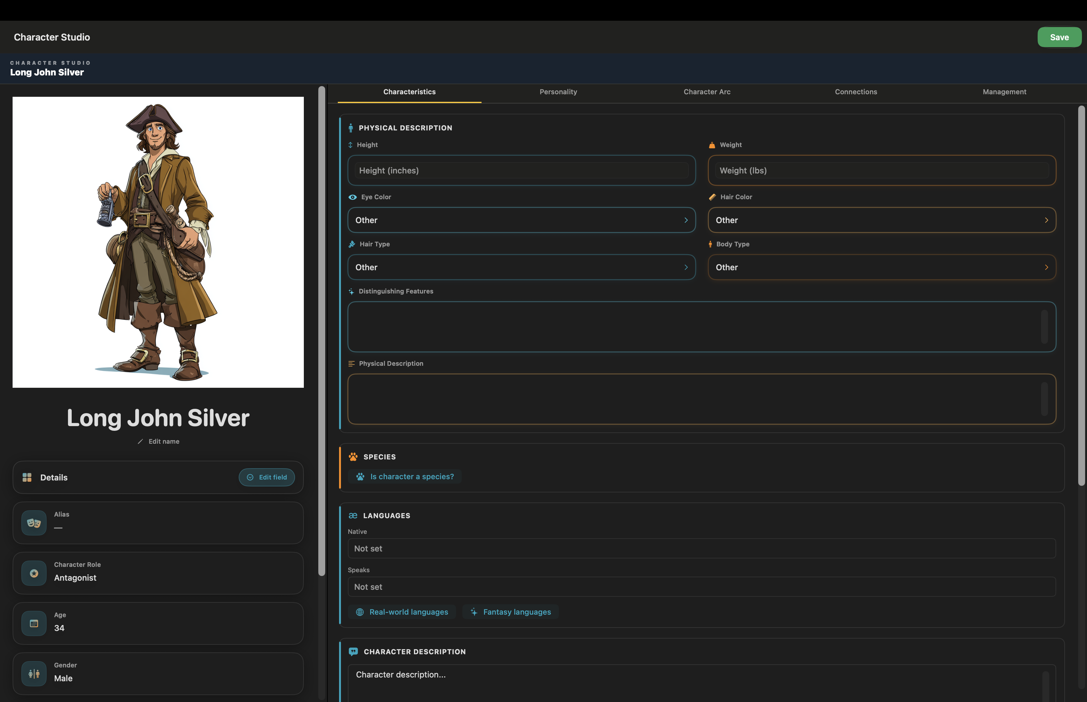 Character Studio on Mac — identity panel with photo and five-tab character inspector